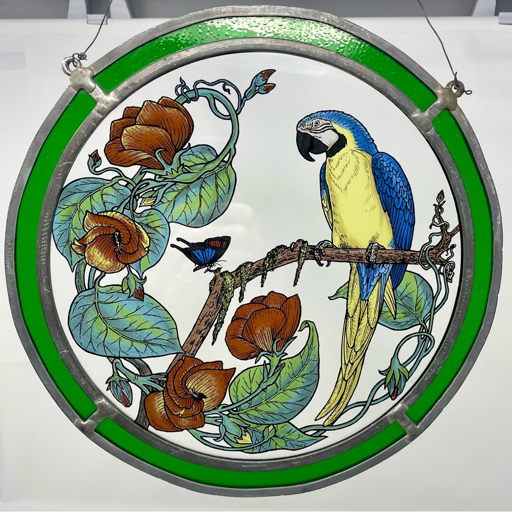 Vintage Art Glass Suncatcher Colorful Parrot Butterfly Stained Glass Art - Picture 2 of 6